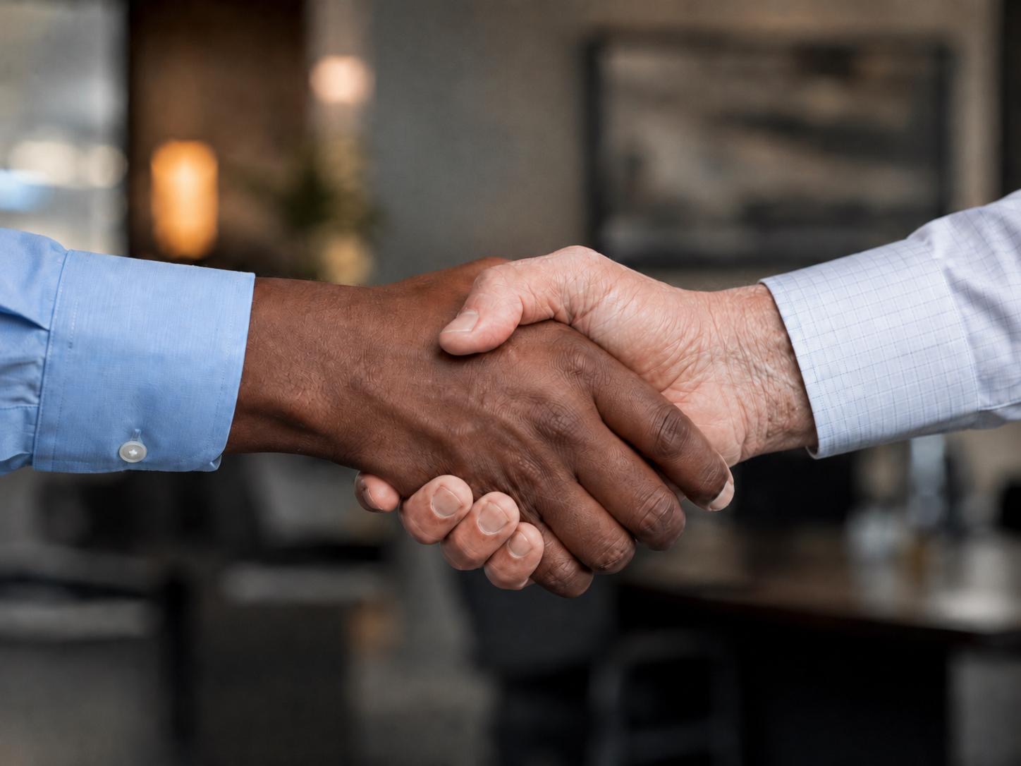 Experienced hands in a partnership handshake, stewardship and trust